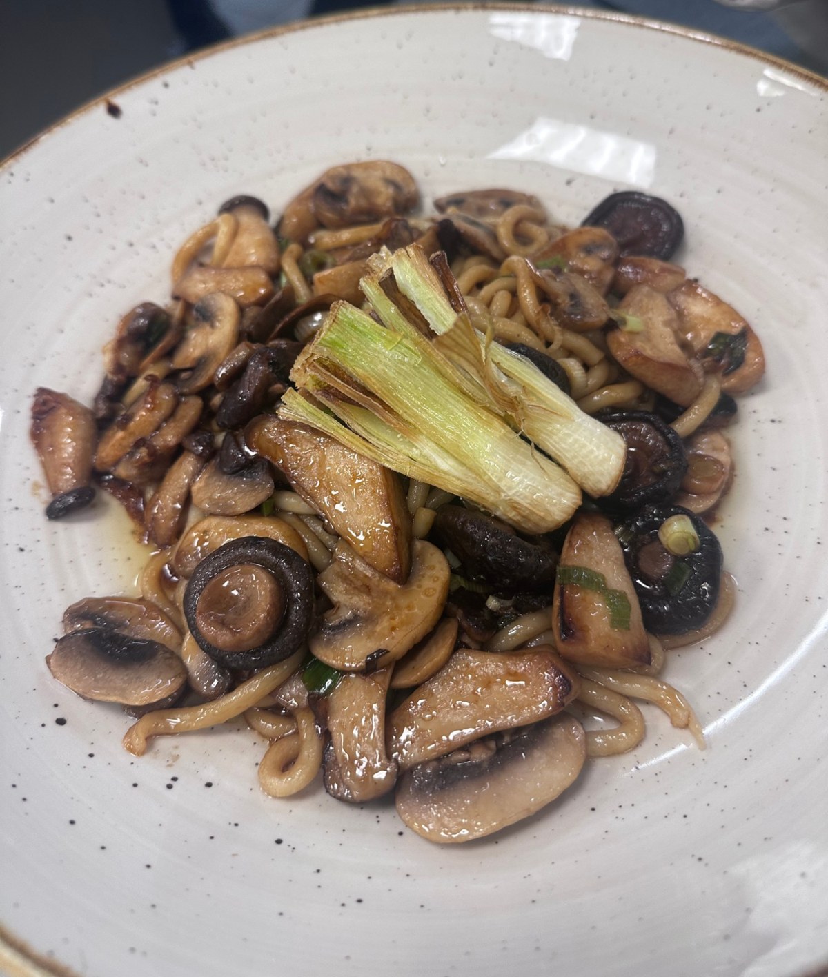 Kinoko Udon: Udon-Nudeln mit Shiitake, Kräuterseitlingen und Champignons in Pilzfond, angerichtet mit gebratenem Lauch